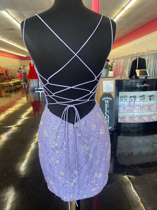 Amarra 87129 Short Fitted Lace Gown with Sequin Embellishments. This Backless Cocktail Dress Features a lace up tie Corset V neckline with mesh insert. Lilac size 8.  Available Sizes: 8  Available Colors: Lilac