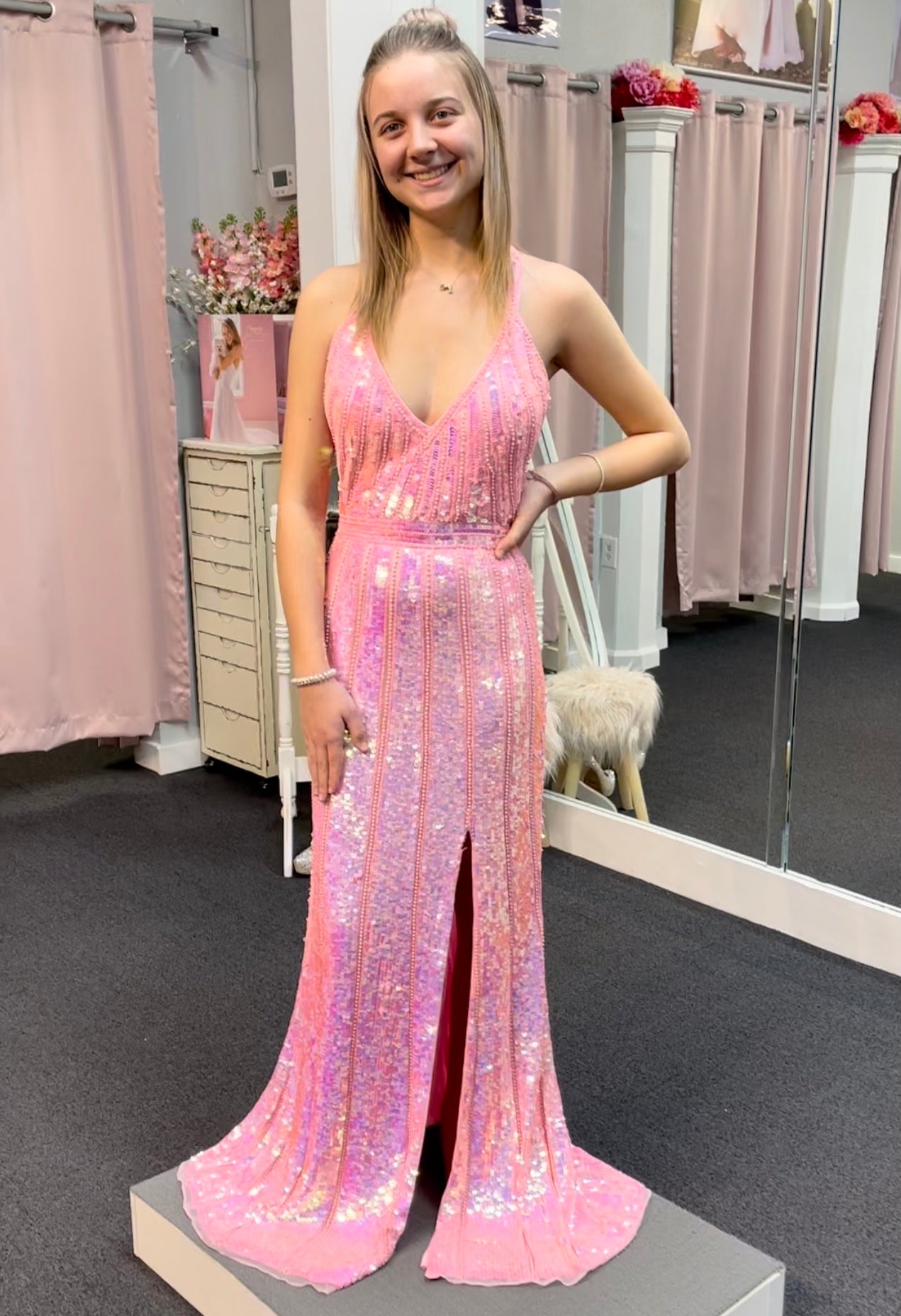 Primavera Couture 3441 Pink Prom Dress Sequin Embellished Iridescent V Neckline size 00, 4, 10