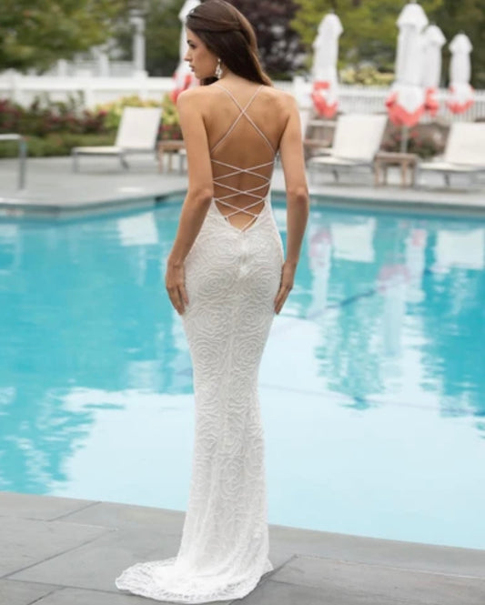 Primavera Couture 3638 fitted prom dress with floral beading, scoop neckline and lace-up corset back