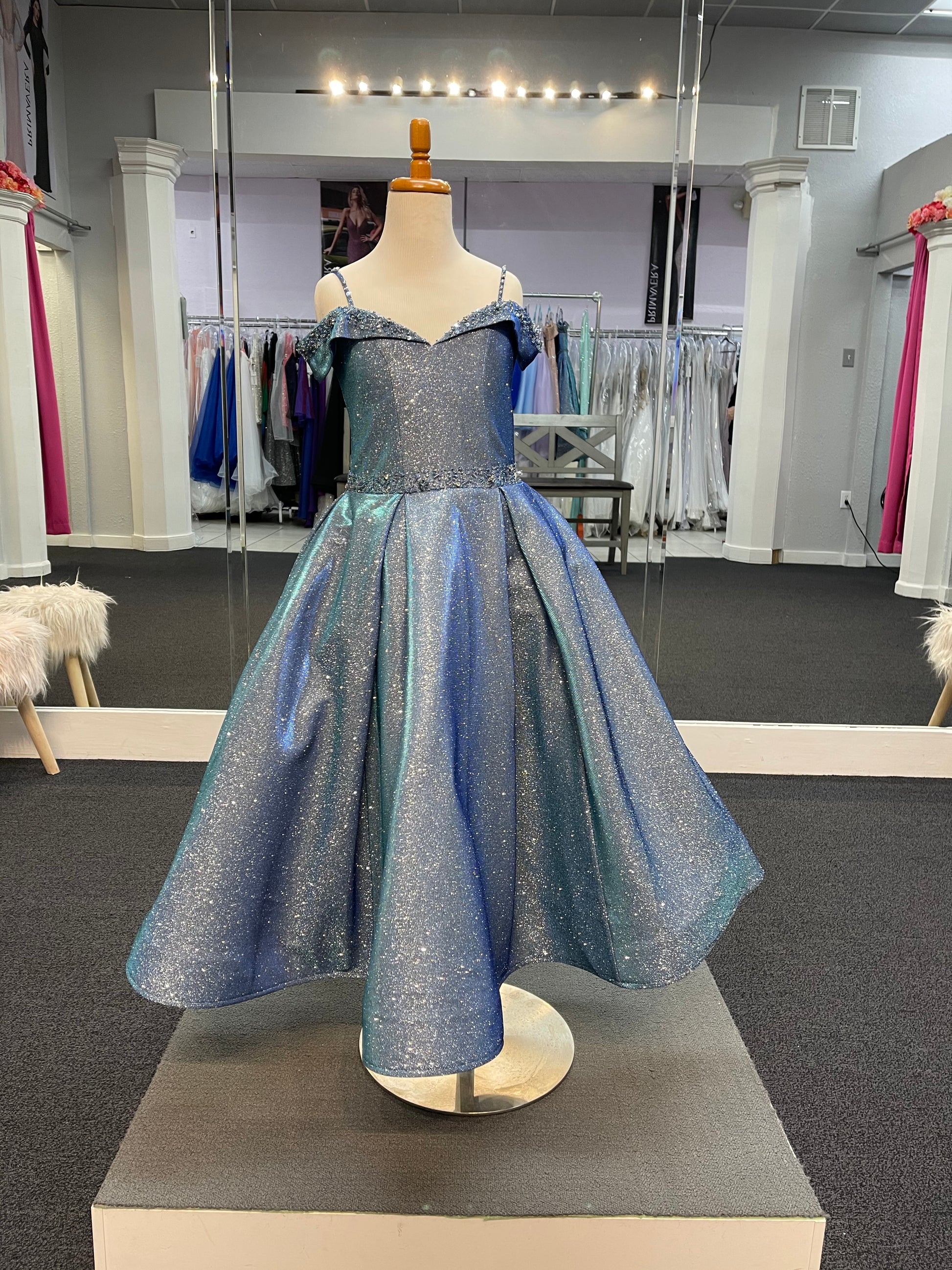 Dancing Queen K743 Off the shoulder girls long pageant dress or party dress iridescent shimmer A line Gown.  Color: Blue  Size: 6