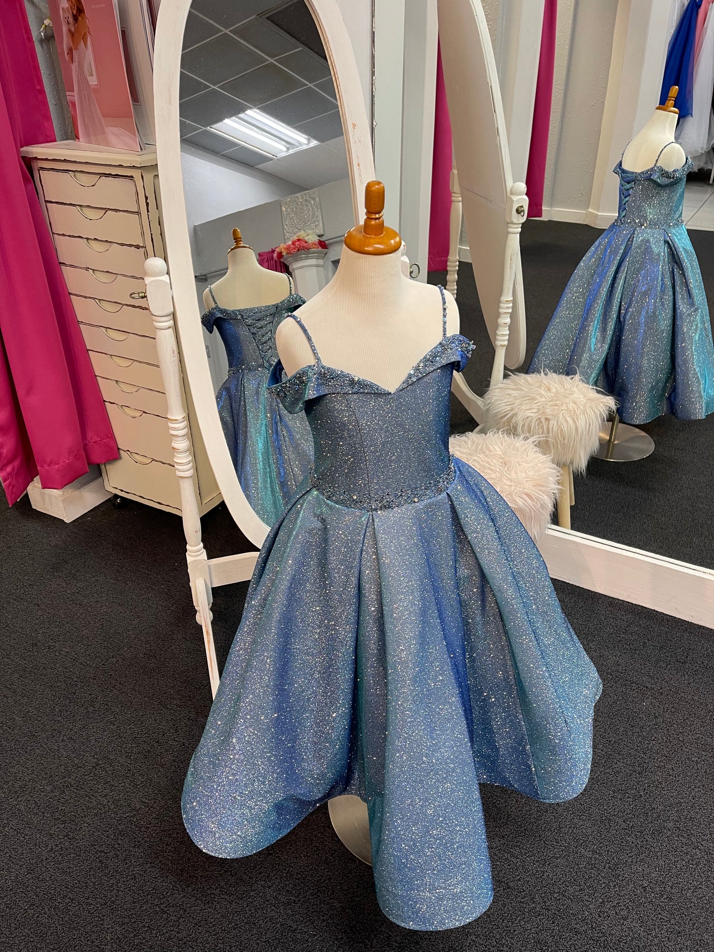 Dancing Queen K743 Off the shoulder girls long pageant dress or party dress iridescent shimmer A line Gown.Dancing Queen K743 Off the shoulder girls long pageant dress or party dress iridescent shimmer A line Gown.  Color: Blue  Size: 6