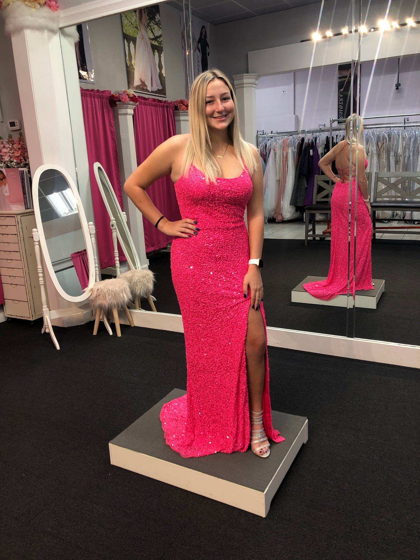 Primavera Couture 3290 Hot Pink Prom Dress Long Fitted Sequins Backless Slit