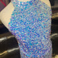 Marc Defang 5033 Short Girls sequin Pageant Romper high neck fun fashion Velvet Sequin High Neck Crystal Embellished Romper Pageant Fun Fashion  Sparkle Iridescent colors  Fully beaded Halter Neck Back Straps  Side Pockets Knitted inner comfort lining Available Sizes: 8  Available Colors: BLUE