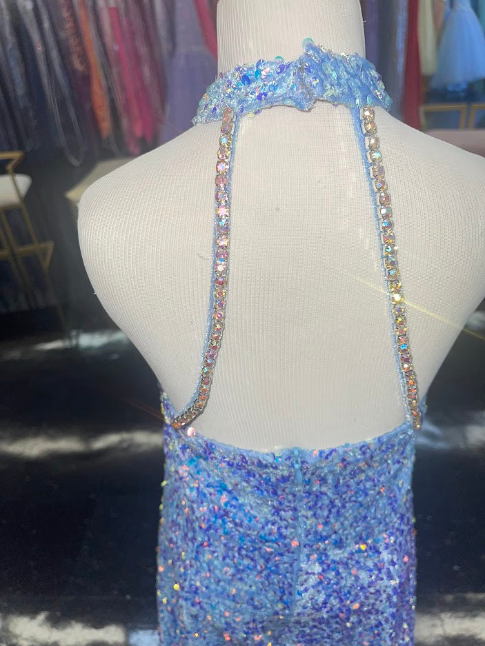 Marc Defang 5033 Short Girls sequin Pageant Romper high neck fun fashion Velvet Sequin High Neck Crystal Embellished Romper Pageant Fun Fashion  Sparkle Iridescent colors  Fully beaded Halter Neck Back Straps  Side Pockets Knitted inner comfort lining Available Sizes: 8  Available Colors: BLUE