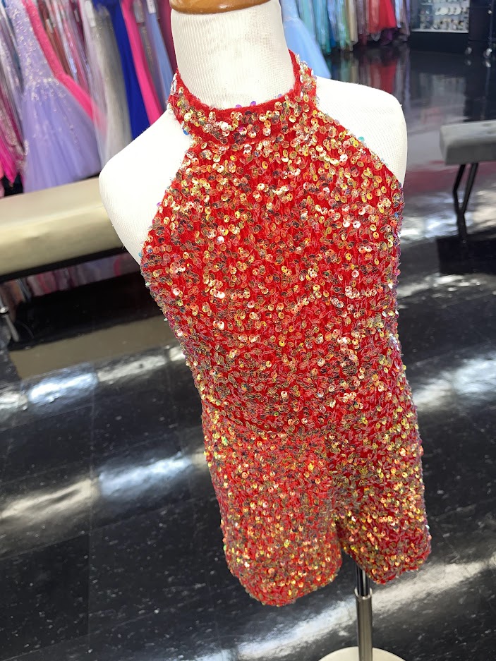 Marc Defang 5033 Short Girls sequin Pageant Romper high neck fun fashion Velvet Sequin High Neck Crystal Embellished Romper Pageant Fun Fashion  Sparkle Iridescent colors  Fully beaded Halter Neck Back Straps  Side Pockets Knitted inner comfort lining Available Sizes: 4  Available Colors: Red