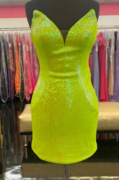 Ashley Lauren 4520 Neon Blue cocktail dress.  This little dress is Strapless and has petite sequin fabric with a v neckline and peaks.  It features a fitted skirt with exposed zipper back.  Neon Green size 4