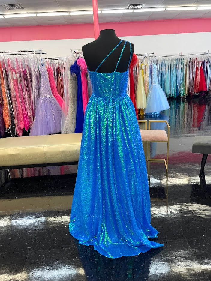 Marc Defang 8068 Size 6 Blue Sequin One Shoulder Ballgown Formal Dress Pageant Prom Gown Iridescent Sequin Triple straps Gown  Available Size: 6  Available Color: Blue