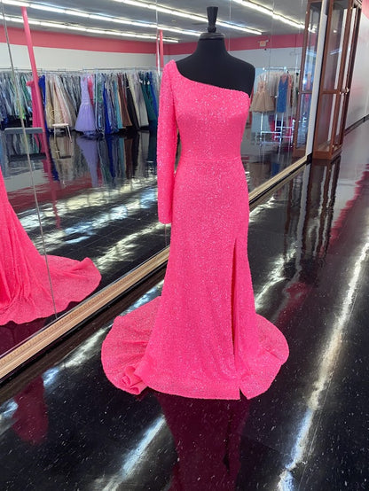 Amarra 87262 Long Fitted Sequin One Shoulder Long Sleeve Prom Dress Slit  Available Sizes: 16  Available Colors: Neon Pink
