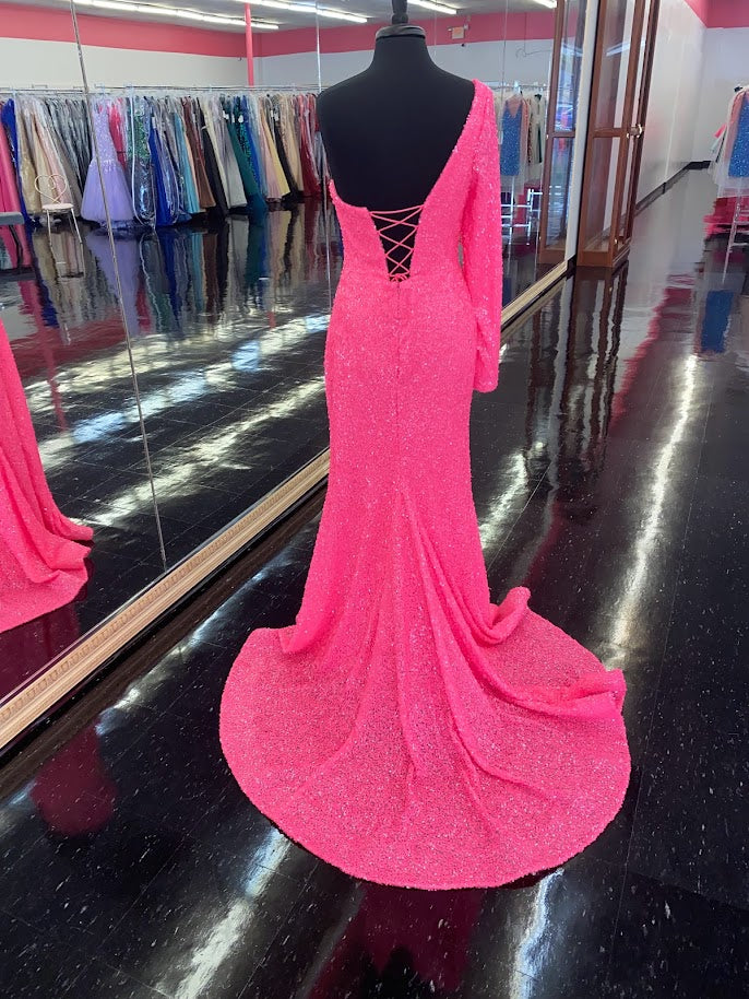 Amarra 87262 Neon Pink Prom Dress Size 16 One Long Sleeve with Slit Amarra 87262 Neon Pink Prom Dress Size 16 One Long Sleeve with Slit