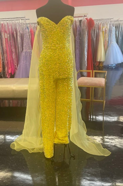 Marc Defang 8046 This is an off shoulder design jumpsuit with detachable shoulder cape, price inclusive of the cape.   It is fully beaded with sequins and has a center back invisible zipper.  Size 4 Bright Yellow   