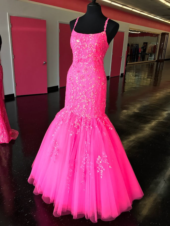Amarra 87339 Sequin Embellished Tulle Mermaid Prom Dress Backless Corset Lace Gown extreme tulle trumpet skirt with sweeping train.   Available Sizes: 10  Available Colors: Neon Pink