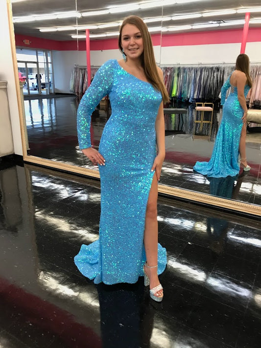Amarra 87262 Long Fitted Sequin One Shoulder Long Sleeve Prom Dress Slit corset back  Available Sizes: 6  Available Colors: Neon Blue