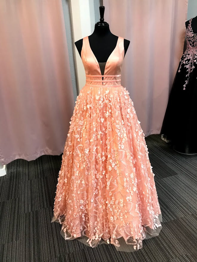 Allie Blu 6101 Peach Floral Lace 3d Applique Formal A Line Ballgown Prom Dress. Lush Skirt with plunging v neckline and suede waist bands. sheer mesh panels. Velvet Ribbon Lace ball gown prom dress   Available Size:10  Available Color: Peach