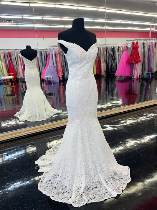 Jovani JVN62564 Ivory Size 0, 2 Lace Off the Shoulder Mermaid Wedding Dress Fit & Flare Bridal