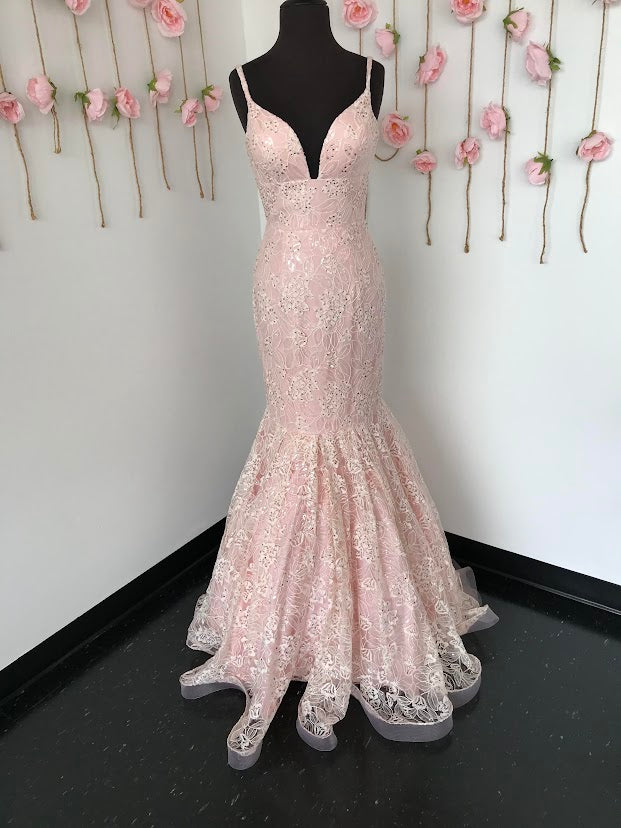 Ashley Lauren 1743 Long Lace formal Mermaid Prom Dress with clear petite sequins  and crystal rhinestone accents. v neckline with a solid lace base. Great pageant Gown  size 4 Blush 