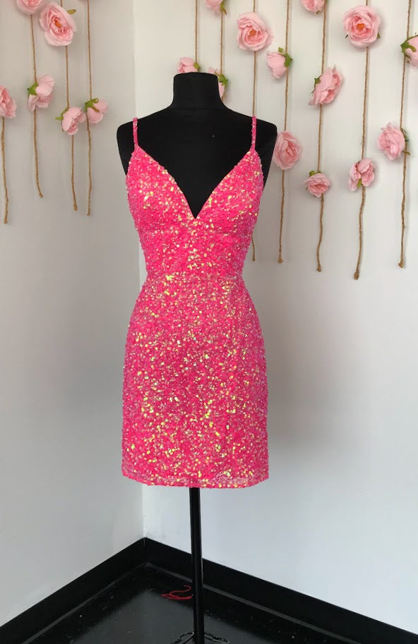 Ashley Lauren 4436 Size 0 Neon Pink Cocktail Dress sequins short homecoming Dress Ashley Lauren 4436 Size 0 Neon Pink Cocktail Dress sequins short homecoming Dress
