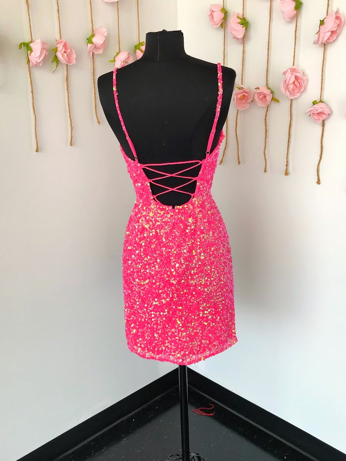 Ashley Lauren 4436 Size 0 Neon Pink Cocktail Dress Sequins Short Homecoming Dress Ashley Lauren 4436 Size 0 Neon Pink Cocktail Dress Sequins Short Homecoming Dress