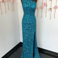 Ashley Lauren 11144 Sequin One Shoulder Prom Dress with Lace up Back  Dazzle the night away in this one shoulder sequin gown featuring an asymmetrical lace up back and left leg slit.  One Shoulder Asymmetrical Lace Up Back Left Leg Slit Fully Hand Beaded Colors:  Peacock Sizes:  14