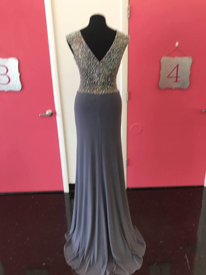 Milano 115681 Size 8, Long Sheer Pearl Grey Formal evening gown High Neck Slit