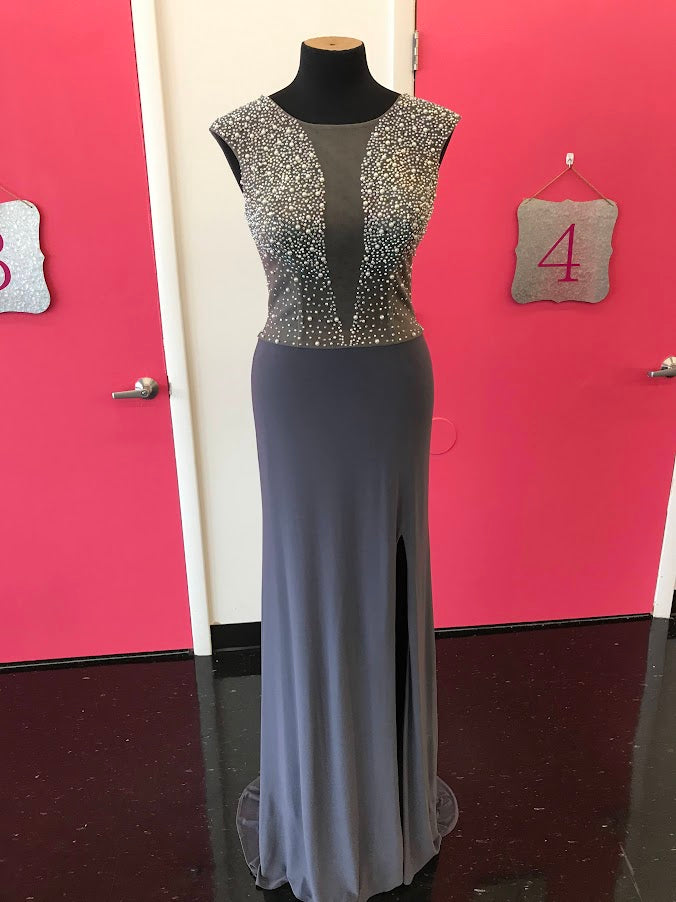 Milano 115681 Size 8, Long Sheer Pearl Grey Formal evening gown High Neck Slit