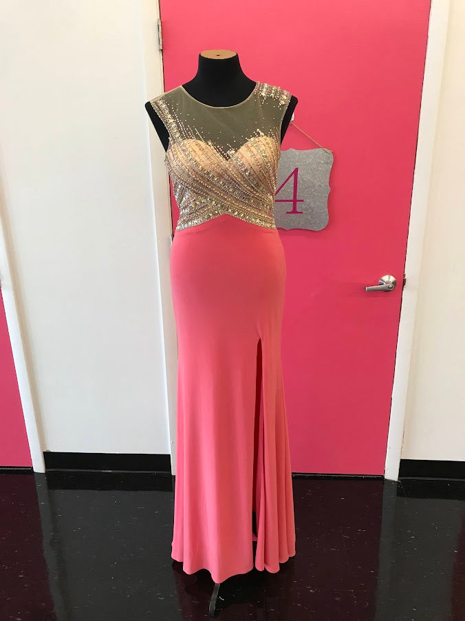 Jovani JVN23472 Size 6 Long Fitted Coral Embellished Pageant Dress Slit Gown