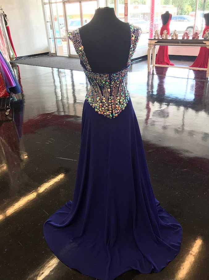 EC 0128 Size 6 Royal Long Crystal Embellished Formal Pageant Dress Prom Gown