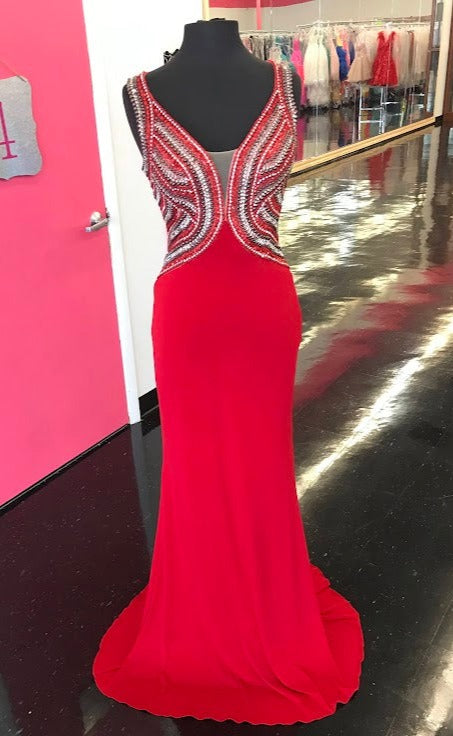 Jovani JVN36850 Size 4 Red Long Embellished v Neck Backless Formal Dress Evening Gown