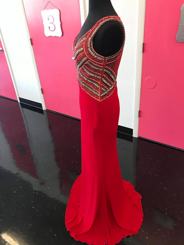 Jovani JVN36850 Size 4 Red Long Embellished v Neck Backless Formal Dress Evening Gown