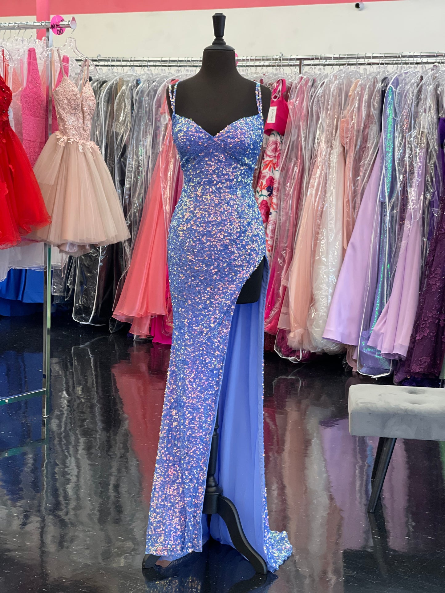Ashley Lauren 11342 Periwinkle Size 0,2,4,6 Long Sequin Prom Dress High Slit V Neckline Evening Gown
