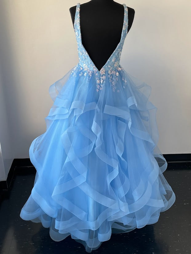 Amarra 87334 Long Layer Ruffle A Line Ball Gown Prom Dress Sequin Pageant  Ruffles, sparkles, tulle, and more! AMARRA 87334 is a one-of-a-kind, bold design that embodies everything we love about getting dressed up and feeling glamorous. This ball gown features a v-neckline with a mesh insert and breathtaking floral sequin throughout the bodice