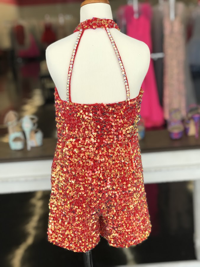Marc Defang 5033 Short Girls sequin Pageant Romper high neck fun fashion Velvet Sequin High Neck Crystal Embellished Romper Pageant Fun Fashion  Sparkle Iridescent colors  Fully beaded Halter Neck Back Straps  Side Pockets Knitted inner comfort lining Available Sizes: 4  Available Colors: Red