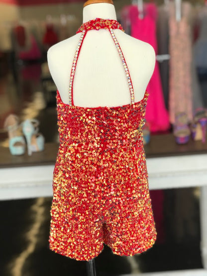 Marc Defang 5033 Short Girls sequin Pageant Romper high neck fun fashion Velvet Sequin High Neck Crystal Embellished Romper Pageant Fun Fashion  Sparkle Iridescent colors  Fully beaded Halter Neck Back Straps  Side Pockets Knitted inner comfort lining Available Sizes: 4  Available Colors: Red