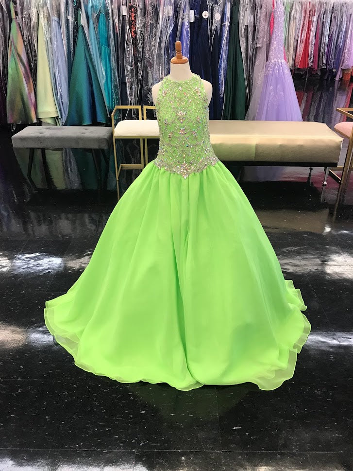 Sugar Kayne C190 Girls and Preteens Pageant Dress with Areola Borealis crystal top and long chiffon ballgown skirt.    Available colors:  Hot Pink, Neon Green  Available sizes:  2, 4, 6, 8, 10, 12, 14, 16