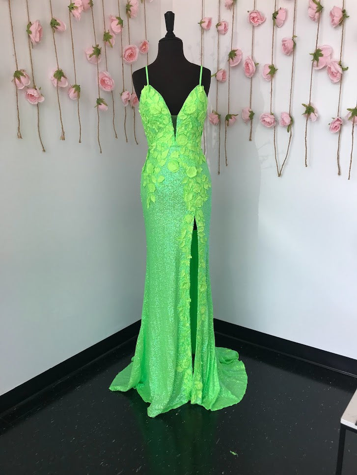 Jovani 1012 Size 4 Lime Sequin Backless Prom Dress Slit Pageant Lace Formal Jovani 1012 Size 4 Lime Sequin Backless Prom Dress Slit Pageant Lace Formal
