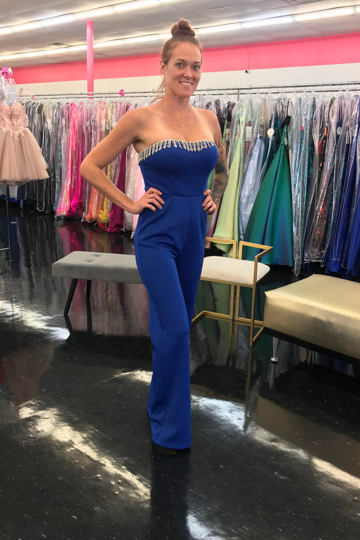 Marc Defang 8180 Long Scuba Strapless Jumpsuit Crystal Fringe Tassel Pageant Neon  Available Size:  4  Available Color:  Royal Blue