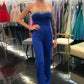 Marc Defang 8180 Size 4 Royal Blue Long Scuba Strapless Jumpsuit Crystal Fringe Tassel Pageant Neon