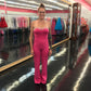 Marc Defang 8180 Long Scuba Strapless Jumpsuit Crystal Fringe Tassel Pageant Neon  Available Size:  2, 12  Available Color:  Hot Pink