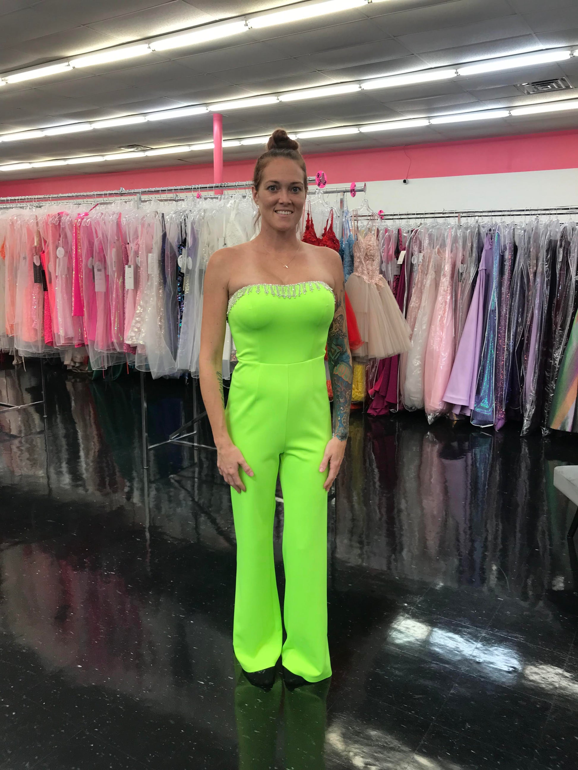Marc Defang 8180 Long Scuba Strapless Jumpsuit Crystal Fringe Tassel Pageant Neon  Available Size:  0, 10  Available Color:  Neon Green