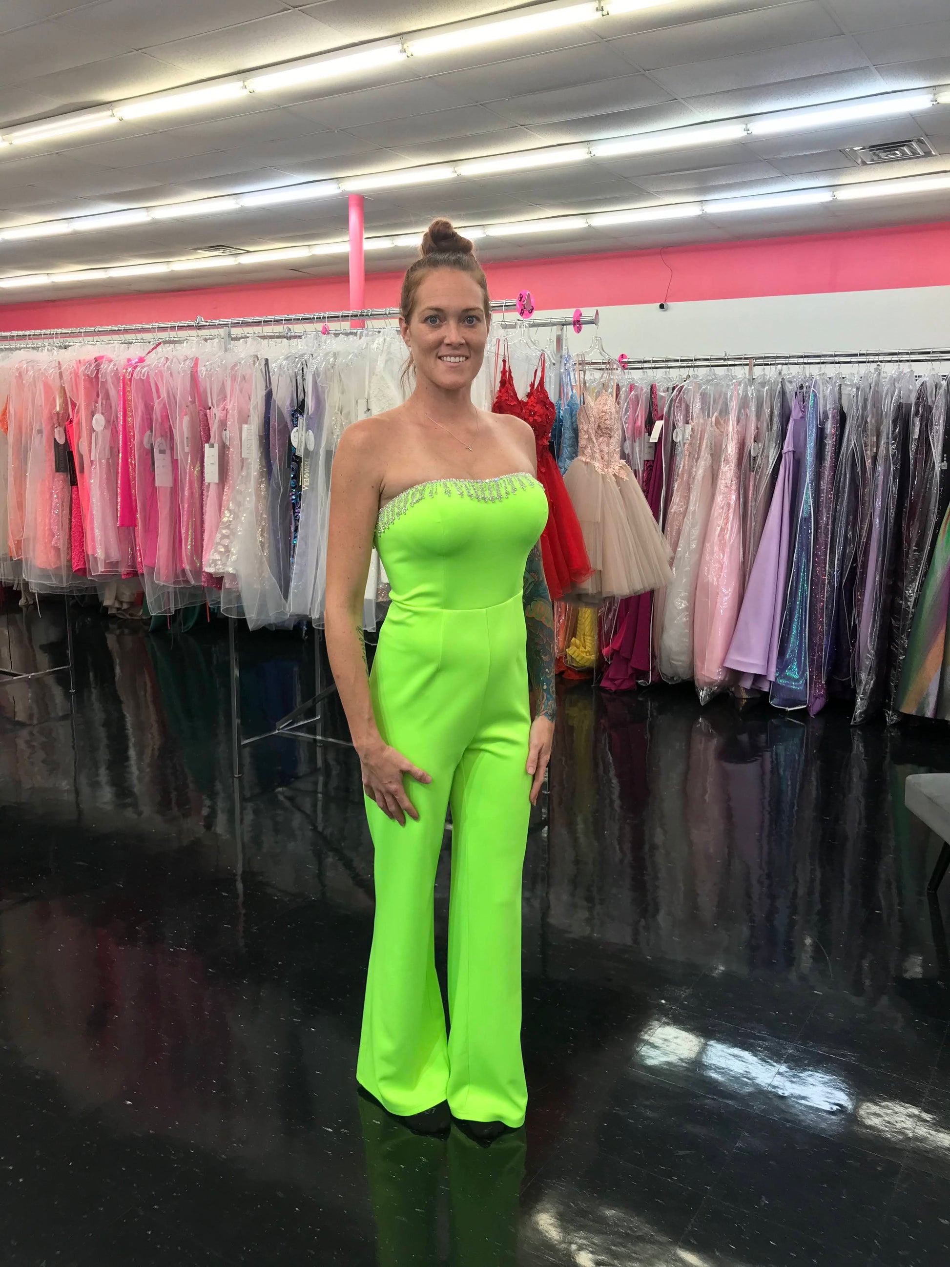 Marc Defang 8180 Long Scuba Strapless Jumpsuit Crystal Fringe Tassel Pageant Neon  Available Size:  0, 10  Available Color:  Neon Green