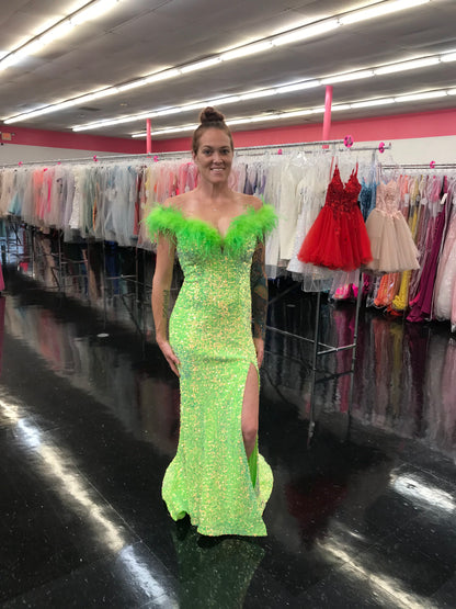 Marc Defang 8145 Size 2 Neon Green Velvet Sequin Feather off the shoulder Dress Slit Pageant gown with train  Size: 2  Color: Neon Green