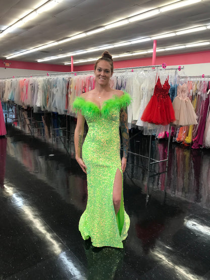 Marc Defang 8145 Size 2 Neon Green Velvet Sequin Feather off the shoulder Dress Slit Pageant gown with train  Size: 2  Color: Neon Green