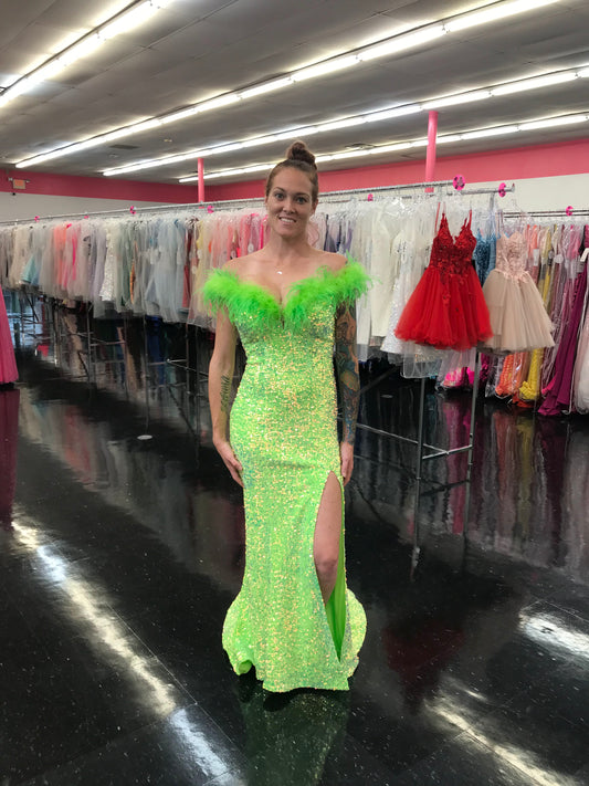 Marc Defang 8145 Size 2 Neon Green Velvet Sequin Feather off the shoulder Dress Slit Pageant gown with train  Size: 2  Color: Neon Green