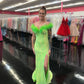 Marc Defang 8145 Size 2 Neon Green Velvet Sequin Feather off the shoulder Dress Slit Pageant gown with train  Size: 2  Color: Neon Green