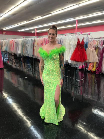 Marc Defang 8145 Size 2 Neon Green Velvet Sequin Feather off the shoulder Dress Slit Pageant gown with train  Size: 2  Color: Neon Green