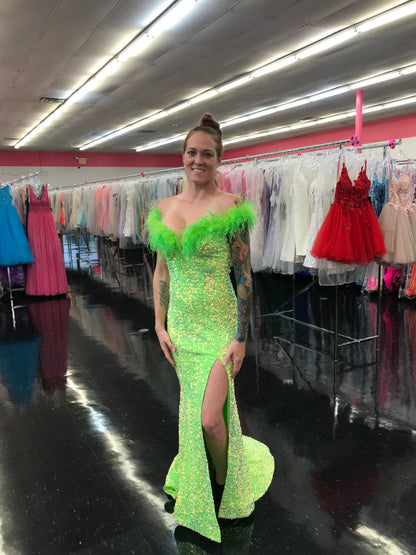 Marc Defang 8145 Size 2 Neon Green Velvet Sequin Feather off the shoulder Dress Slit Pageant gown with train  Size: 2  Color: Neon Green