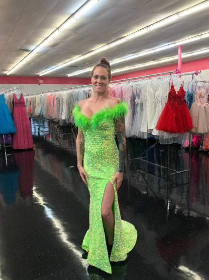 Marc Defang 8145 Size 2 Neon Green Velvet Sequin Feather off the shoulder Dress Slit Pageant gown with train  Size: 2  Color: Neon Green