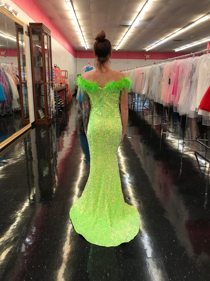 Marc Defang 8145 Size 2 Neon Green Velvet Sequin Feather off the shoulder Dress Slit Pageant gown with train  Size: 2  Color: Neon Green