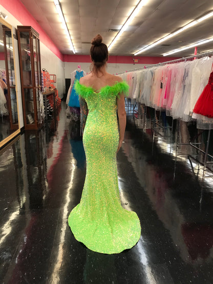 Marc Defang 8145 Size 2 Neon Green Velvet Sequin Feather off the shoulder Dress Slit Pageant gown with train  Size: 2  Color: Neon Green