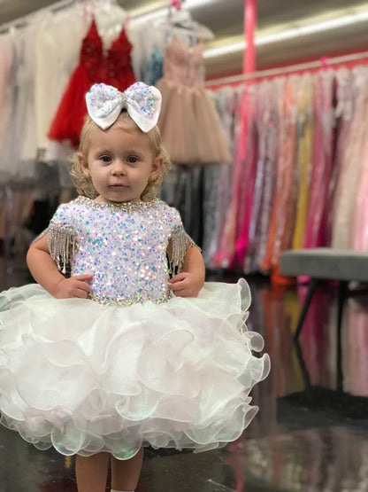 Sugar Kayne C203 Short Girls Cupcake Velvet Sequin Pageant Dress Crystal Fringe Tassel Cap Sleeve corset back  Sizes: 0M, 6M, 12M, 18M, 24M, 2T, 3T, 4T, 5T, 6T  Colors: Cotton Candy, Powder Blue, Unicorn