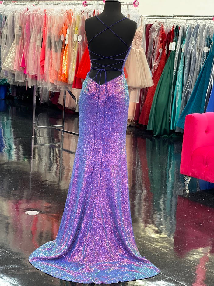 Stella Couture 23141 Long Fitted Sequin Backless Corset Prom Dress Slit Formal Gown Ruched waist  Sizes: 0-16  Colors: PURPLE, LIGHT GREEN, FUCHSIA, ORANGE, GREEN, BLUE
